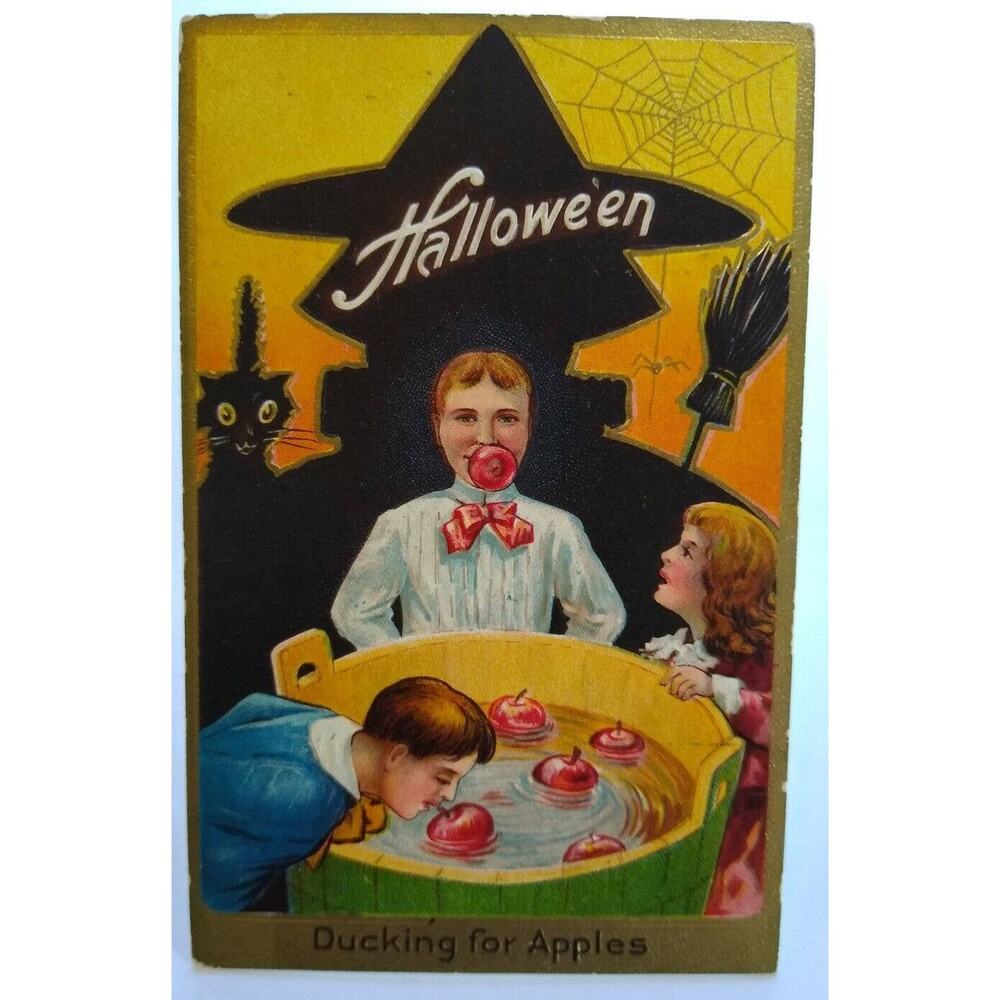 Vintage Halloween Postcard Nash Shadow Witch Embossed Series 2 Ducking Apples